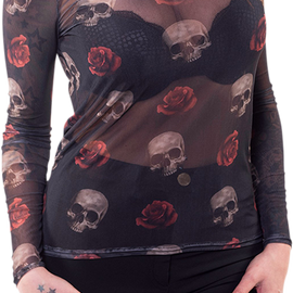 Women's Floating Skulls Long-Sleeve Sheer Shirt - Black - Small