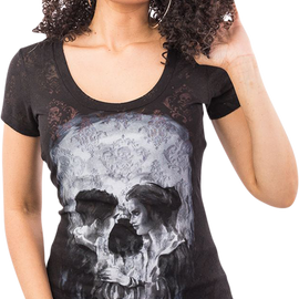 Women's Skull Couple Burn Out Scoop Neck T-Shirt - Black - Large