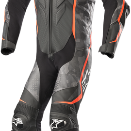 GP Plus v2 Camo 1-Piece Leather Suit - Black/Charcoal/Red Fluorescent - US 50 / EU 60