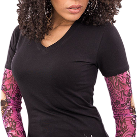 Women's Long-Sleeve Skull Blossums T-Shirt - Black/Pink - XL